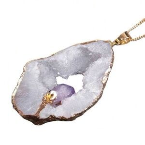 Purple Amethyst Nestled Seated In White Druzy Geode Slice Gold Dipped Necklace